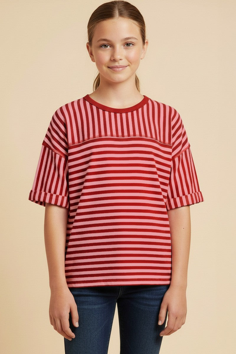 Girls Mixed Stripe Drop Should Knit T Shirt