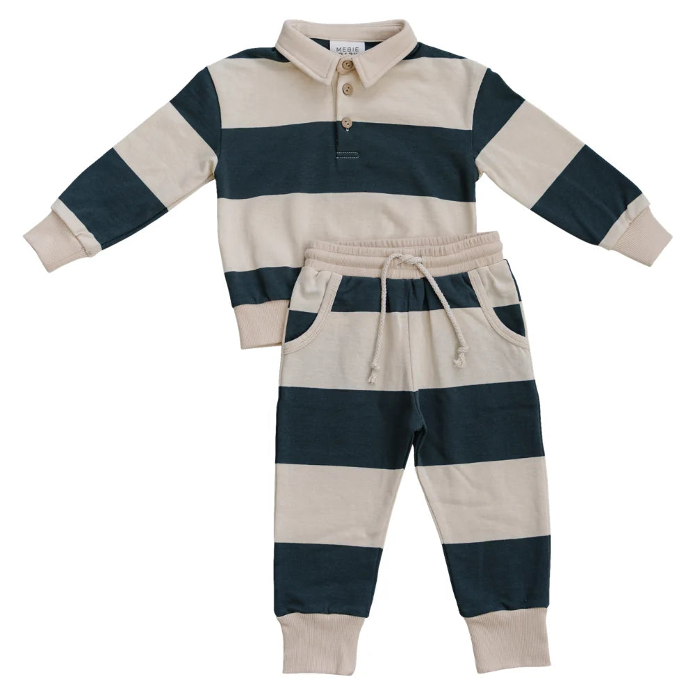 Green Stripe Collared French Terry Set