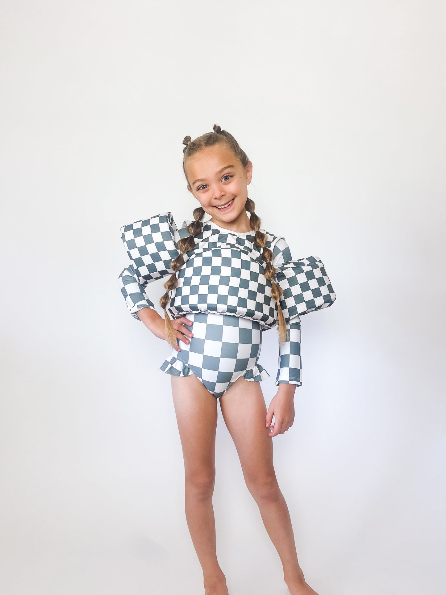 Checkered Rash Guard One Piece Swimsuit