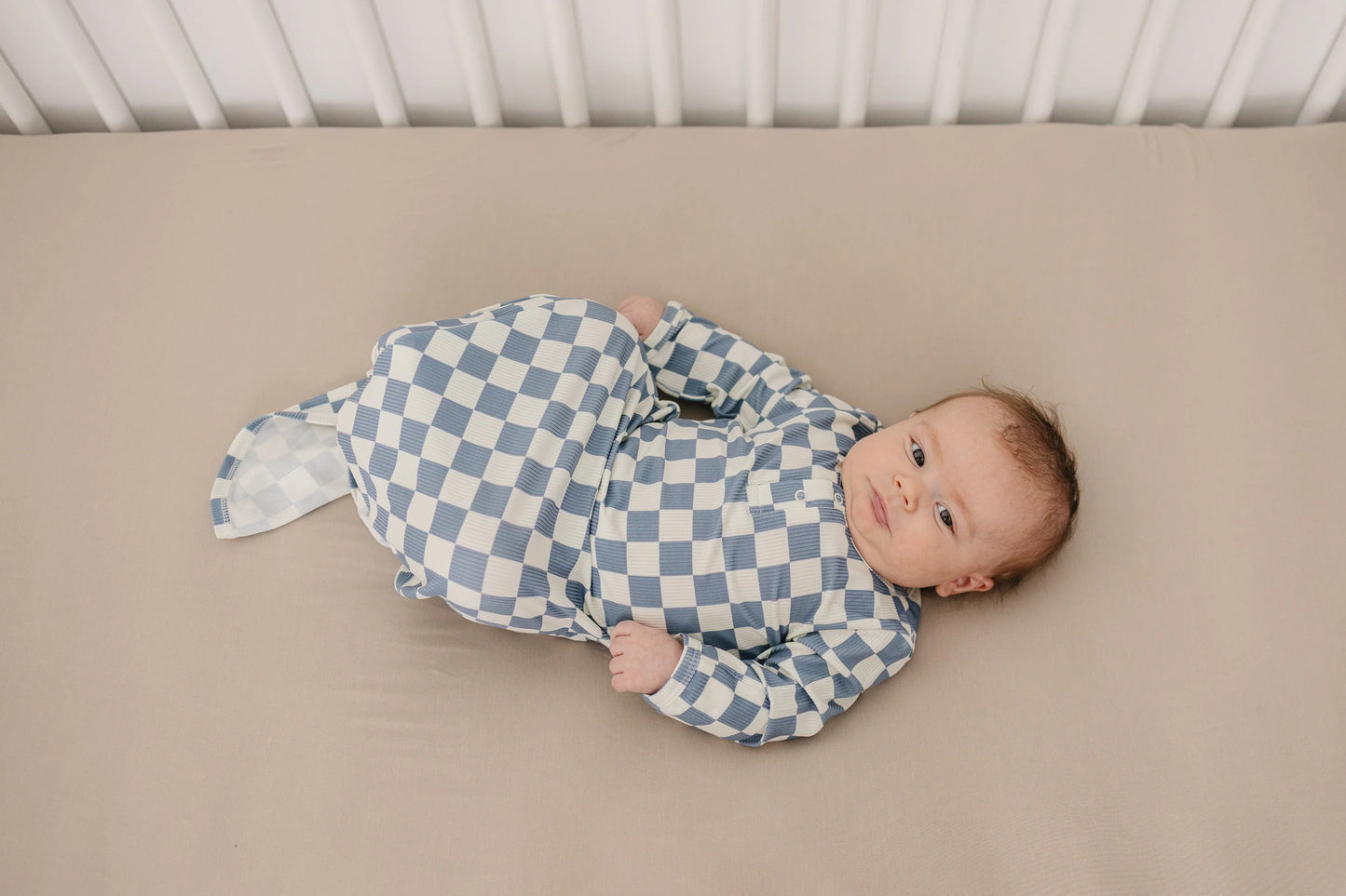 Blue Checkered Ribbed Bamboo Knot Gown
