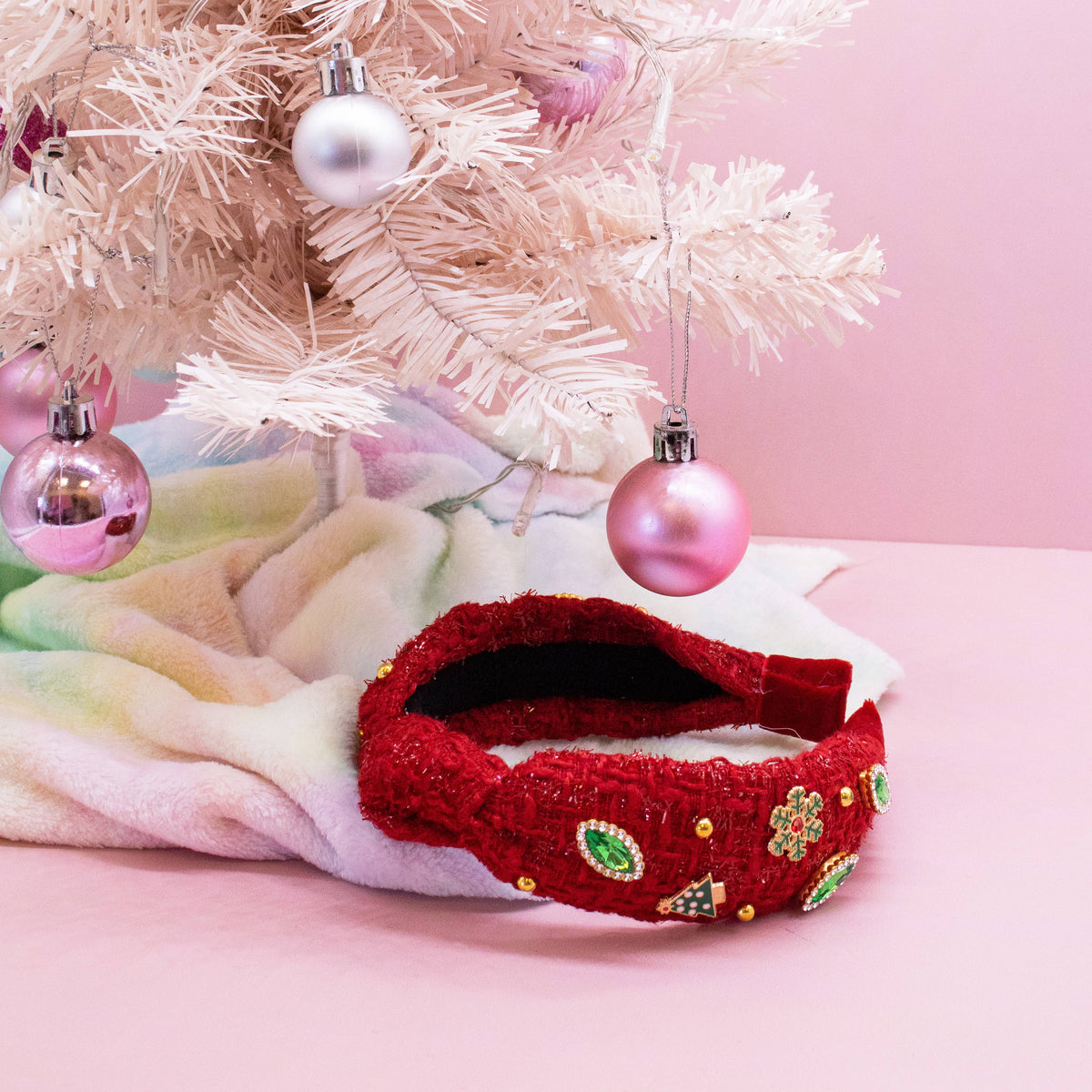 Christmas Knot Headband - Embellished Tweed Rhinestone Pearl