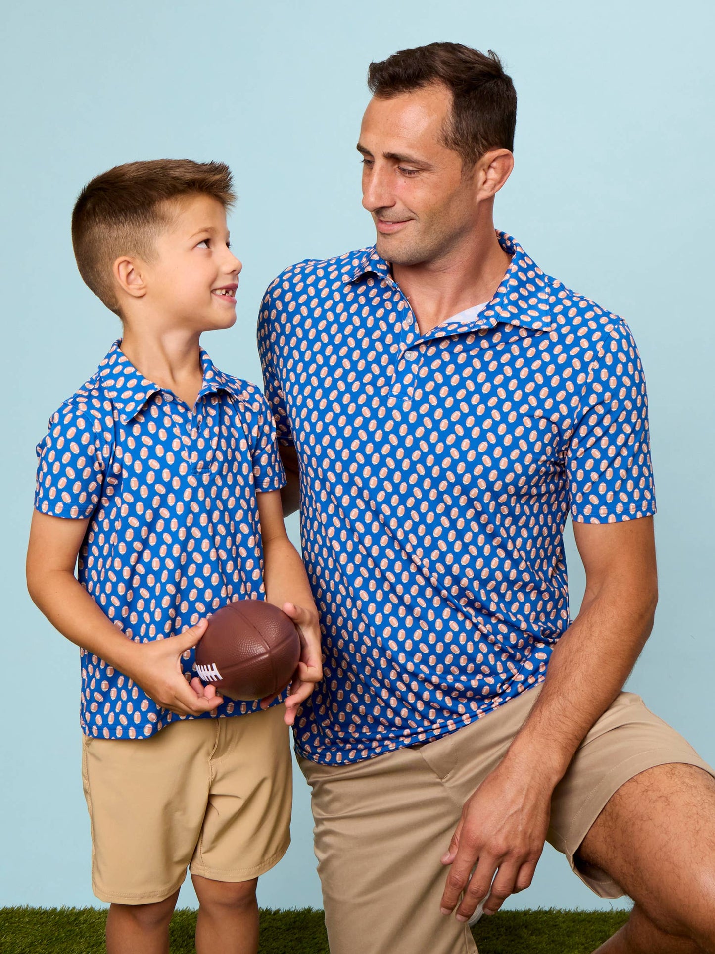 Boys Varsity Blue Football Frenzy Knit Short Sleeve Performance Polo