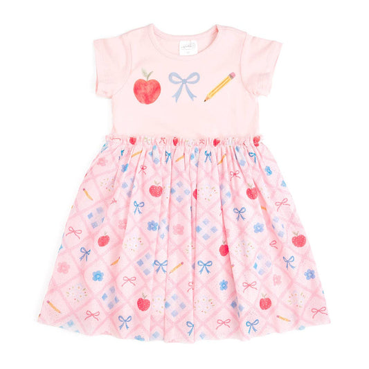 Back To School Trellis Short Sleeve Tutu Dress Kids Clothing