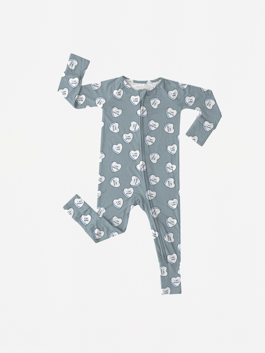 Affirmation Conversation Heart Zippy Pajamas (Blue)