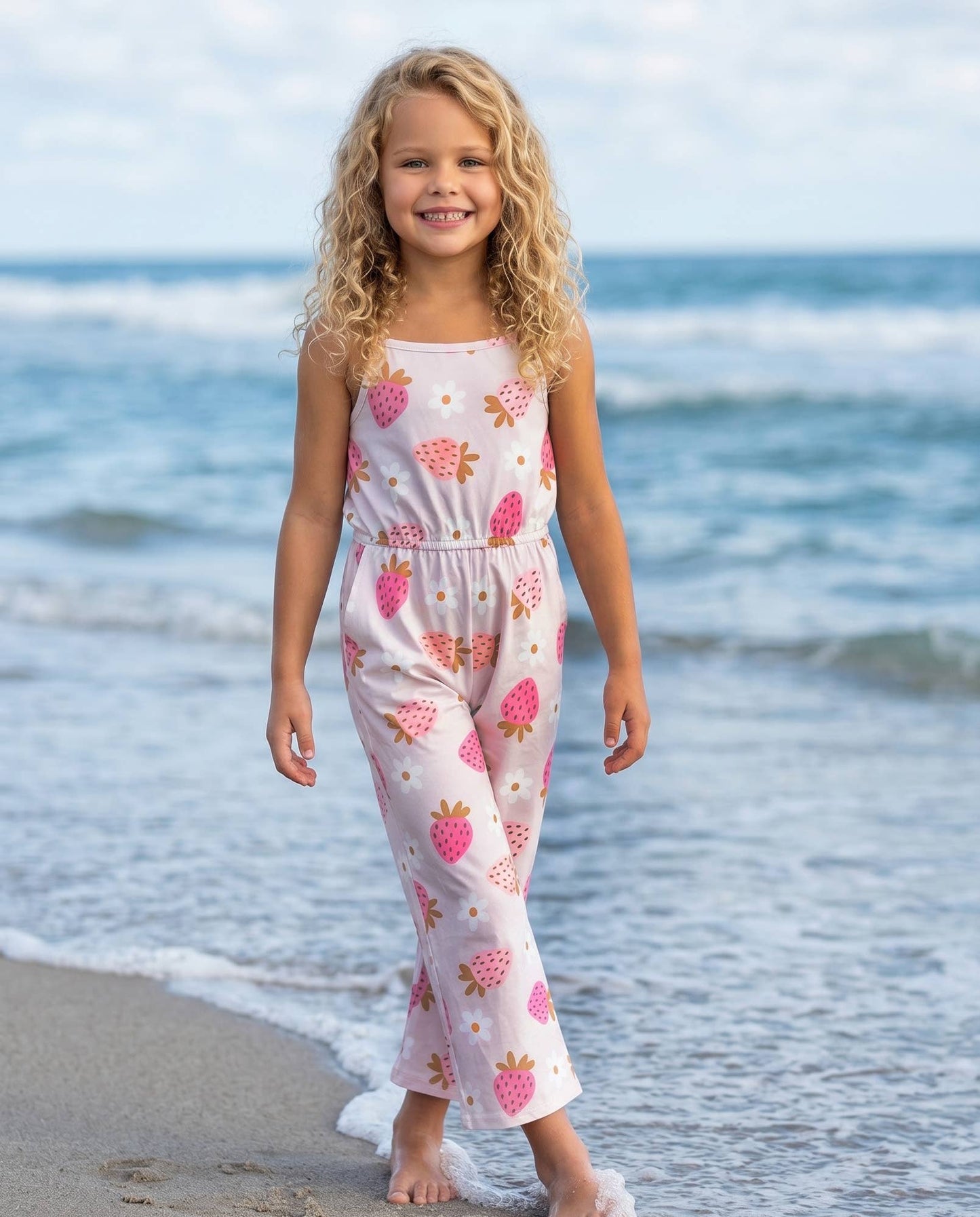 Kids Millie Pink Strawberry Summer Jumpsuit With Pockets