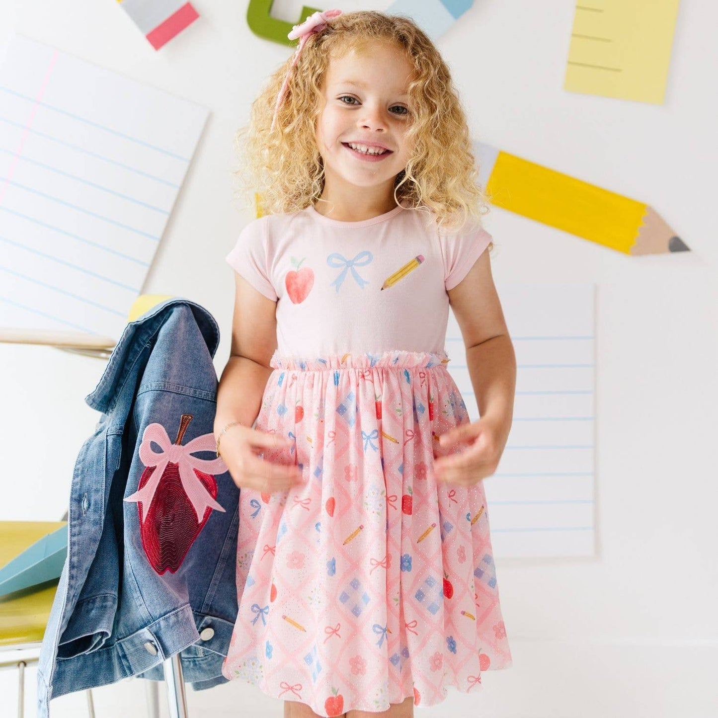 Back To School Trellis Short Sleeve Tutu Dress Kids Clothing