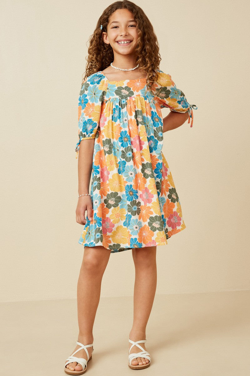 Girls Floral Square Neck Tie Sleeve Dress