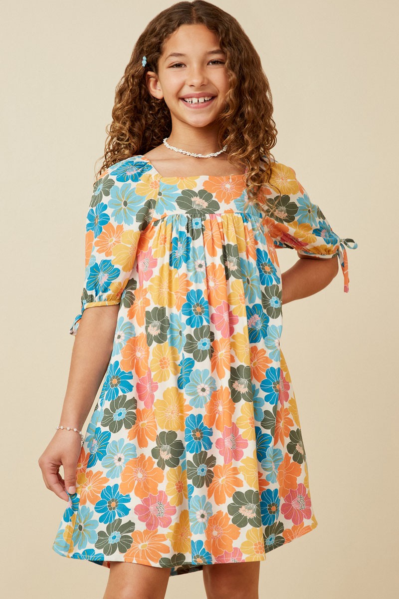 Girls Floral Square Neck Tie Sleeve Dress