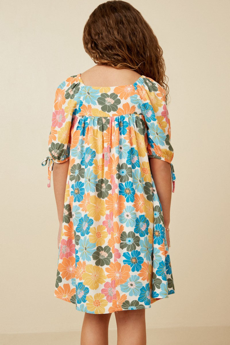 Girls Floral Square Neck Tie Sleeve Dress