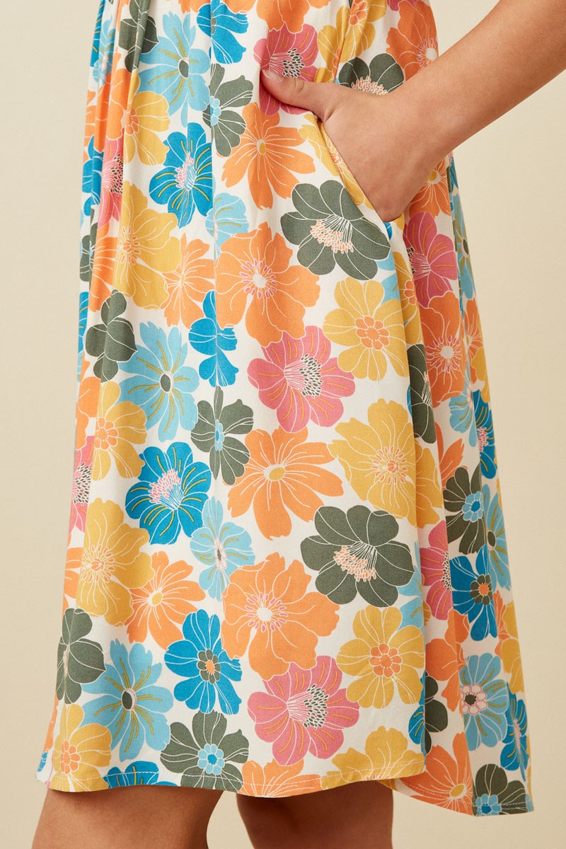 Girls Floral Square Neck Tie Sleeve Dress