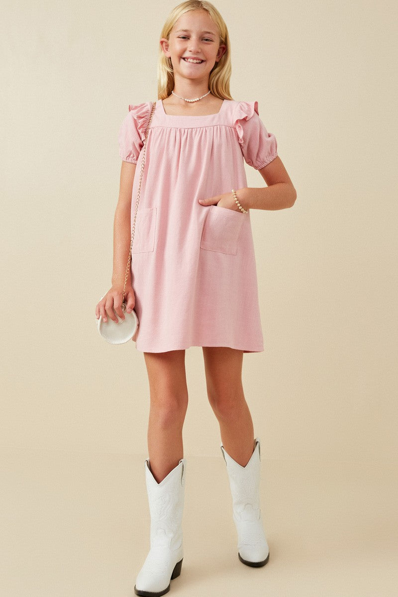 Girls Patch Pocket Square Neck Ruffled Dress