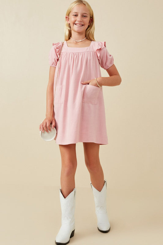 Girls Patch Pocket Square Neck Ruffled Dress