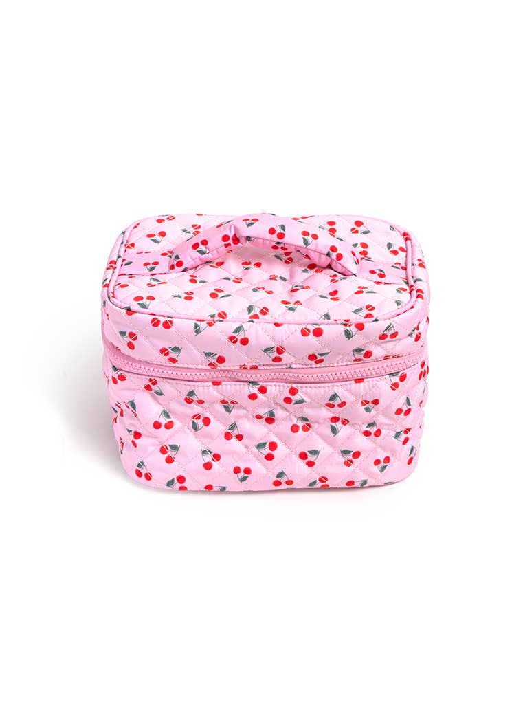 Cosmetic Travel Case / Makeup Bag - Red Cherries - Pink