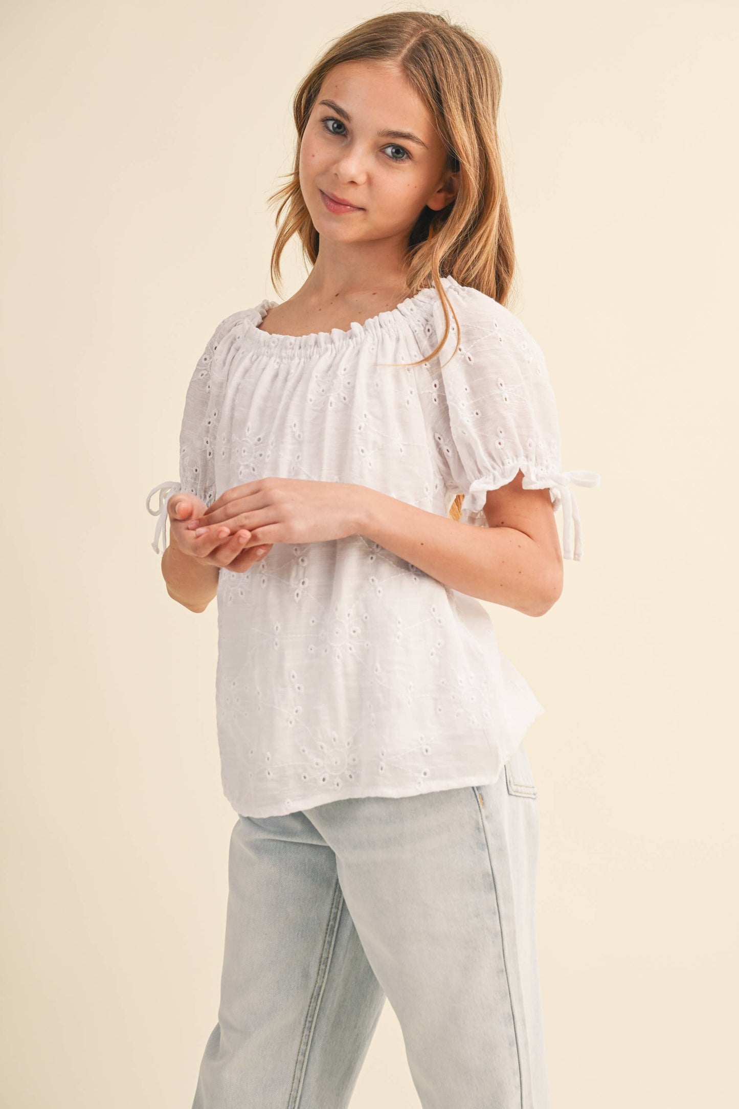 GIRLS PEASANT EYELET TOP