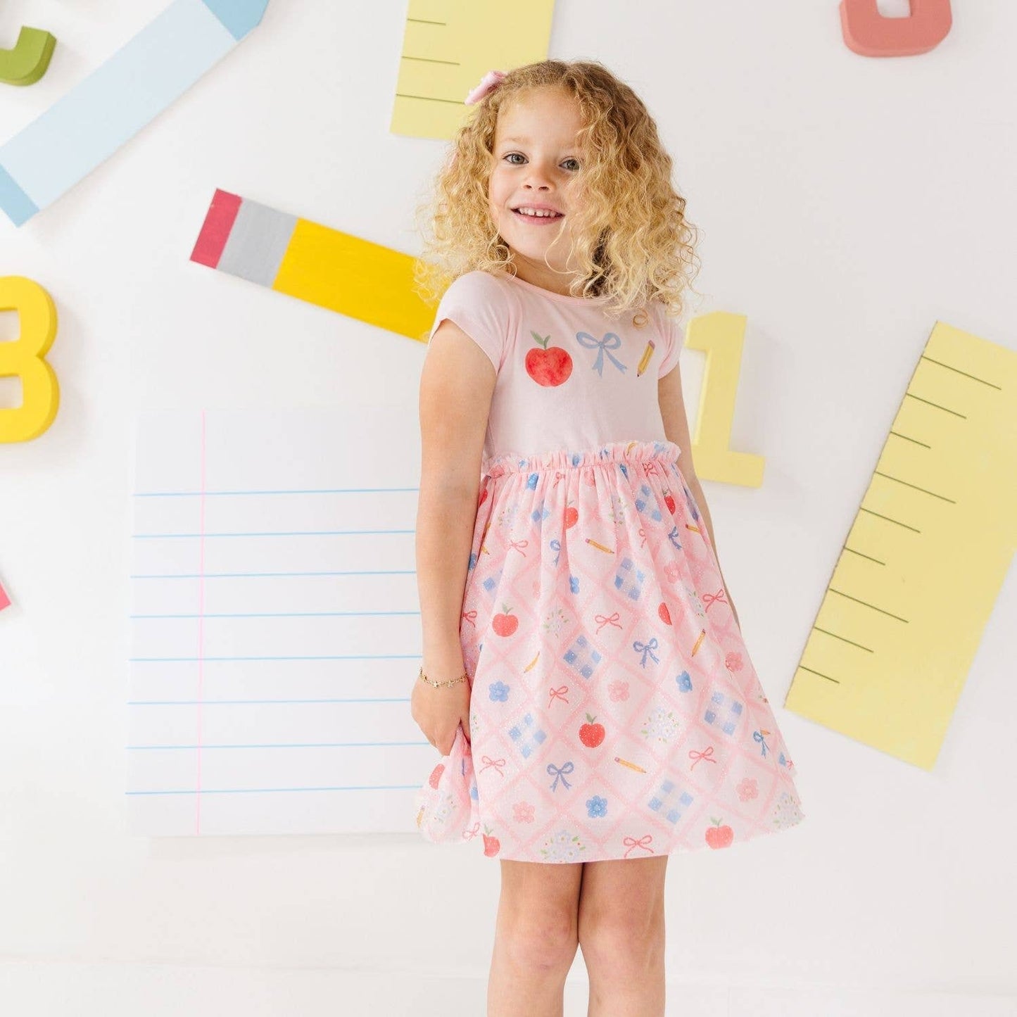 Back To School Trellis Short Sleeve Tutu Dress Kids Clothing
