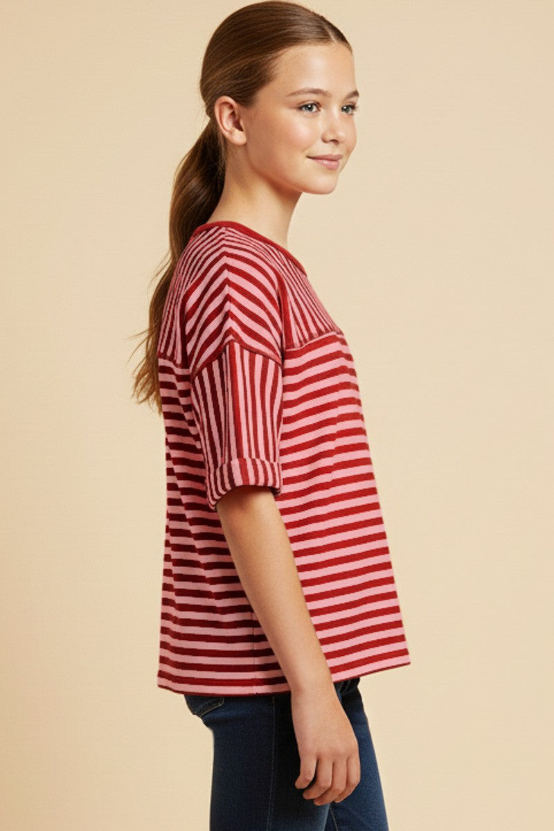 Girls Mixed Stripe Drop Should Knit T Shirt