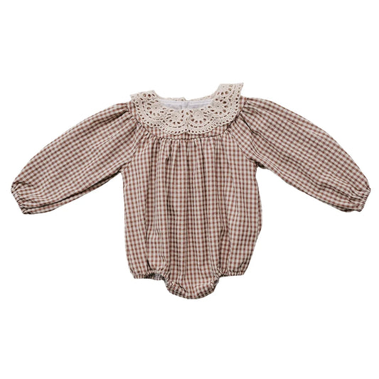 Camel Gingham Lace Bubble Romper