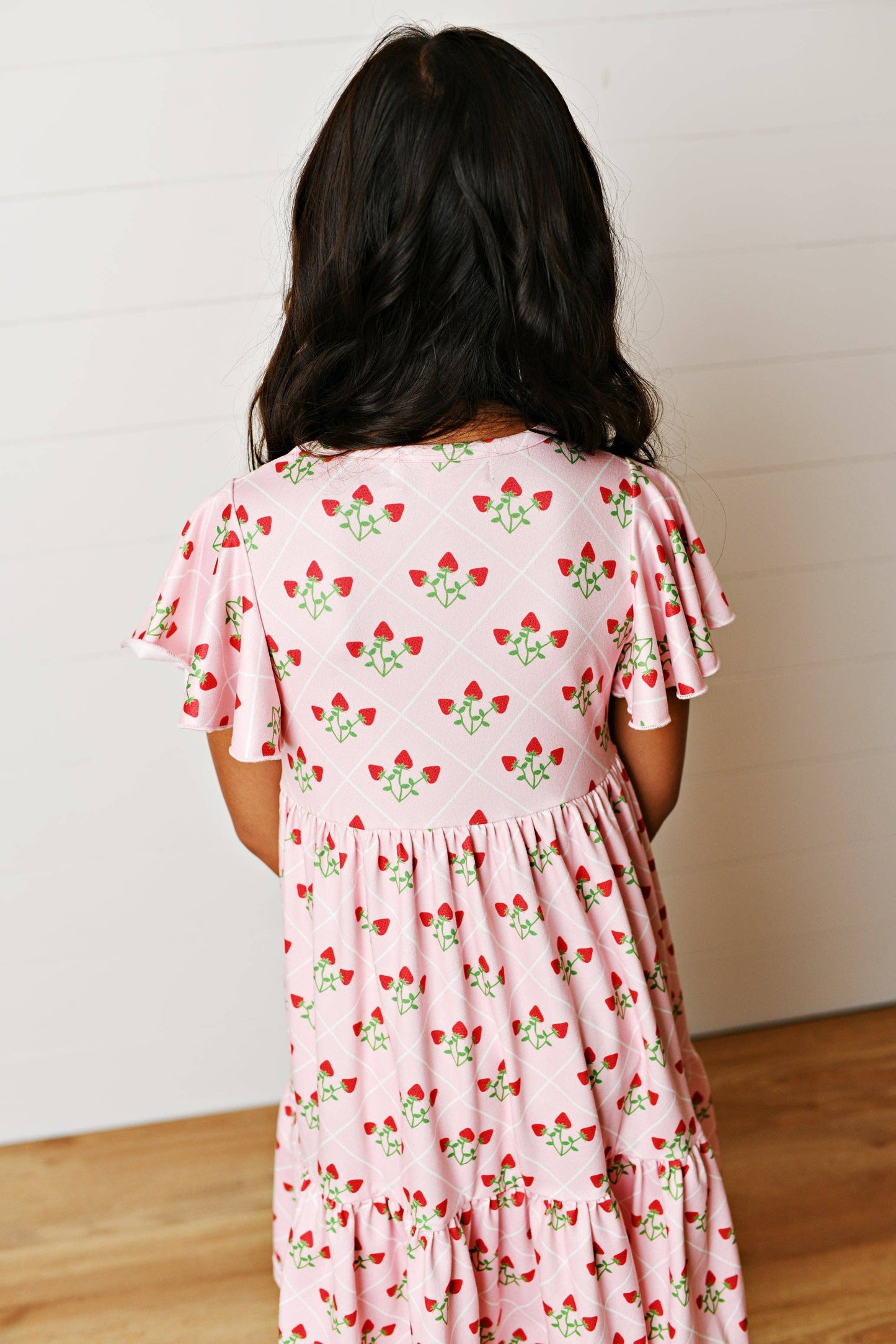 Kids Emmy Pink Strawberry Flutter Sleeve Twirl Spring Dress