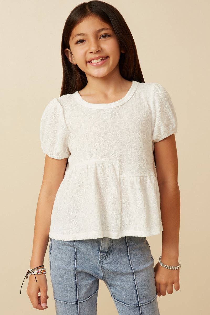 Girls Textured Puff Sleeve Asymmetric Panel Knit Top