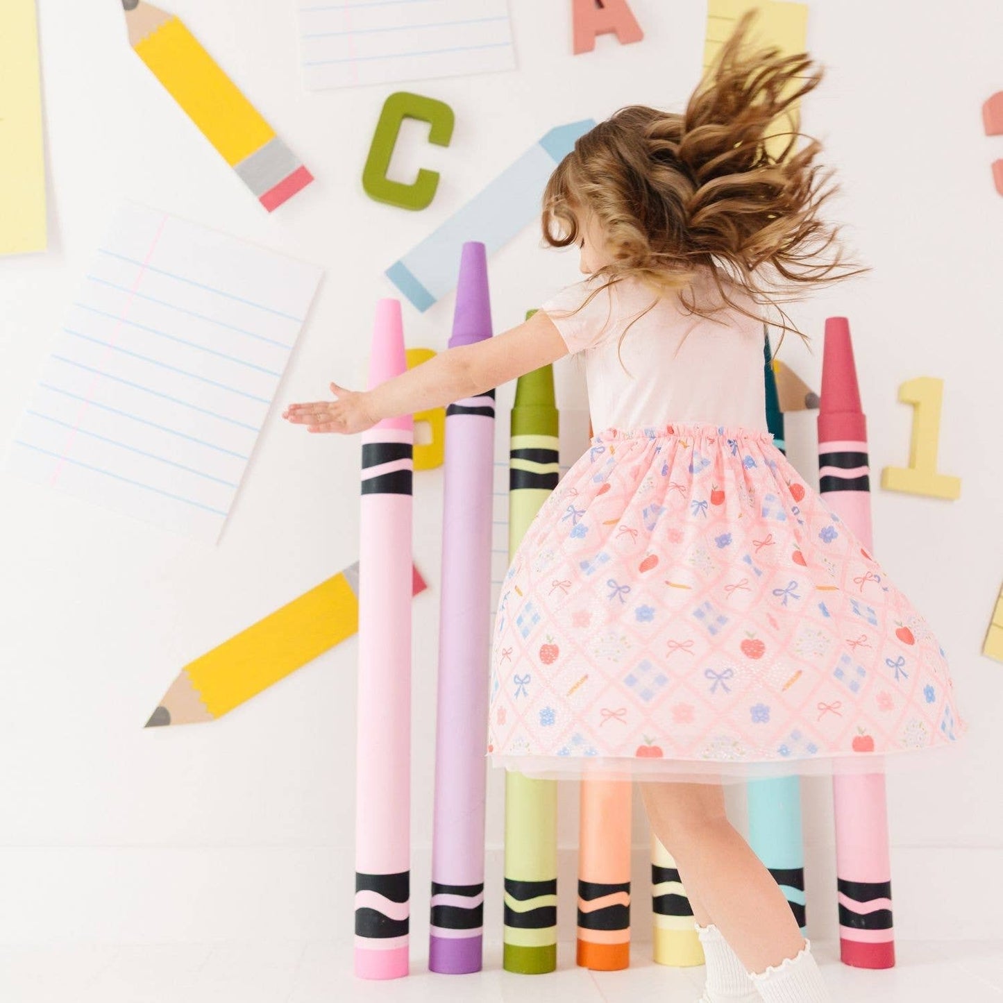 Back To School Trellis Short Sleeve Tutu Dress Kids Clothing