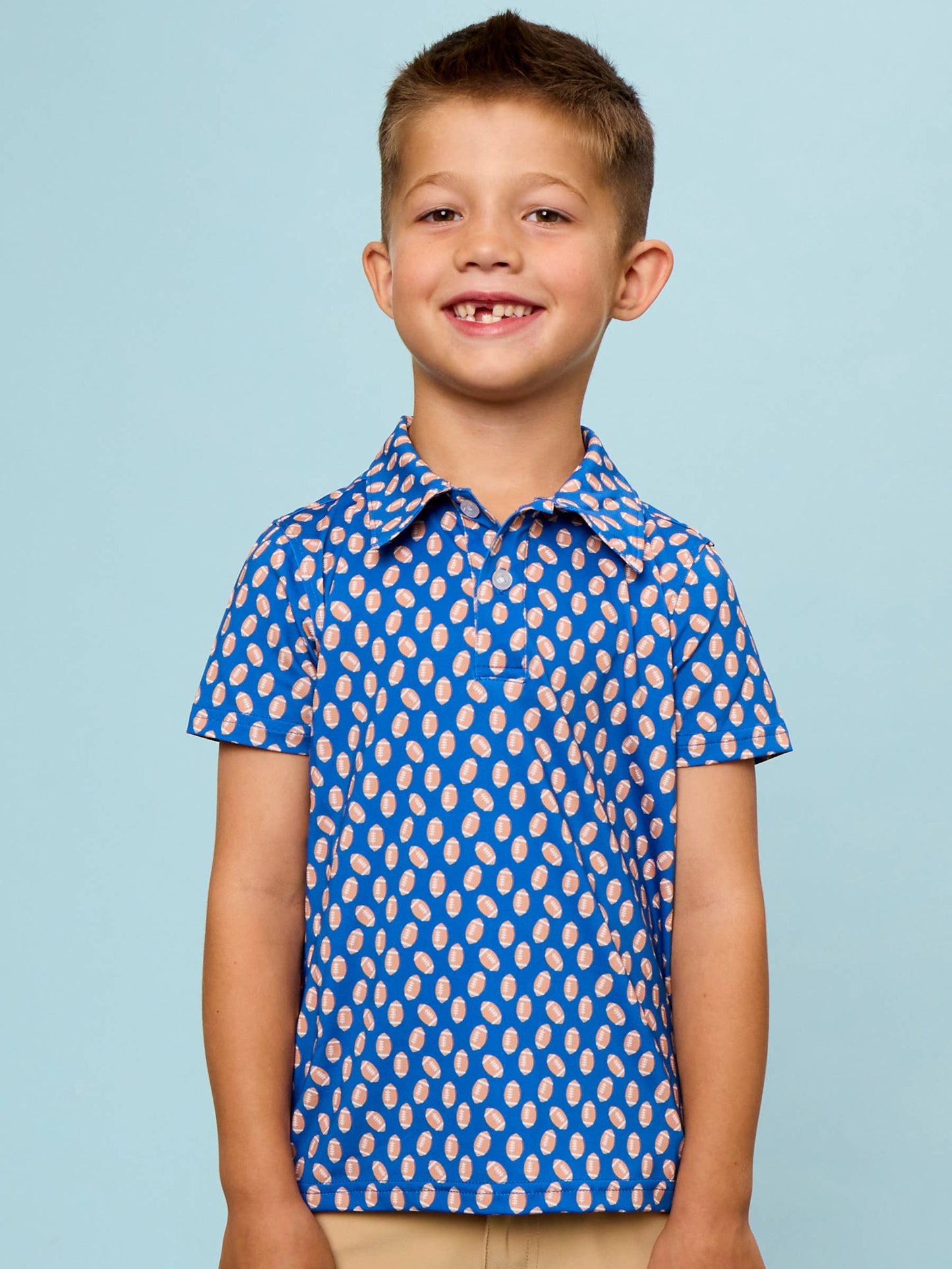 Boys Varsity Blue Football Frenzy Knit Short Sleeve Performance Polo