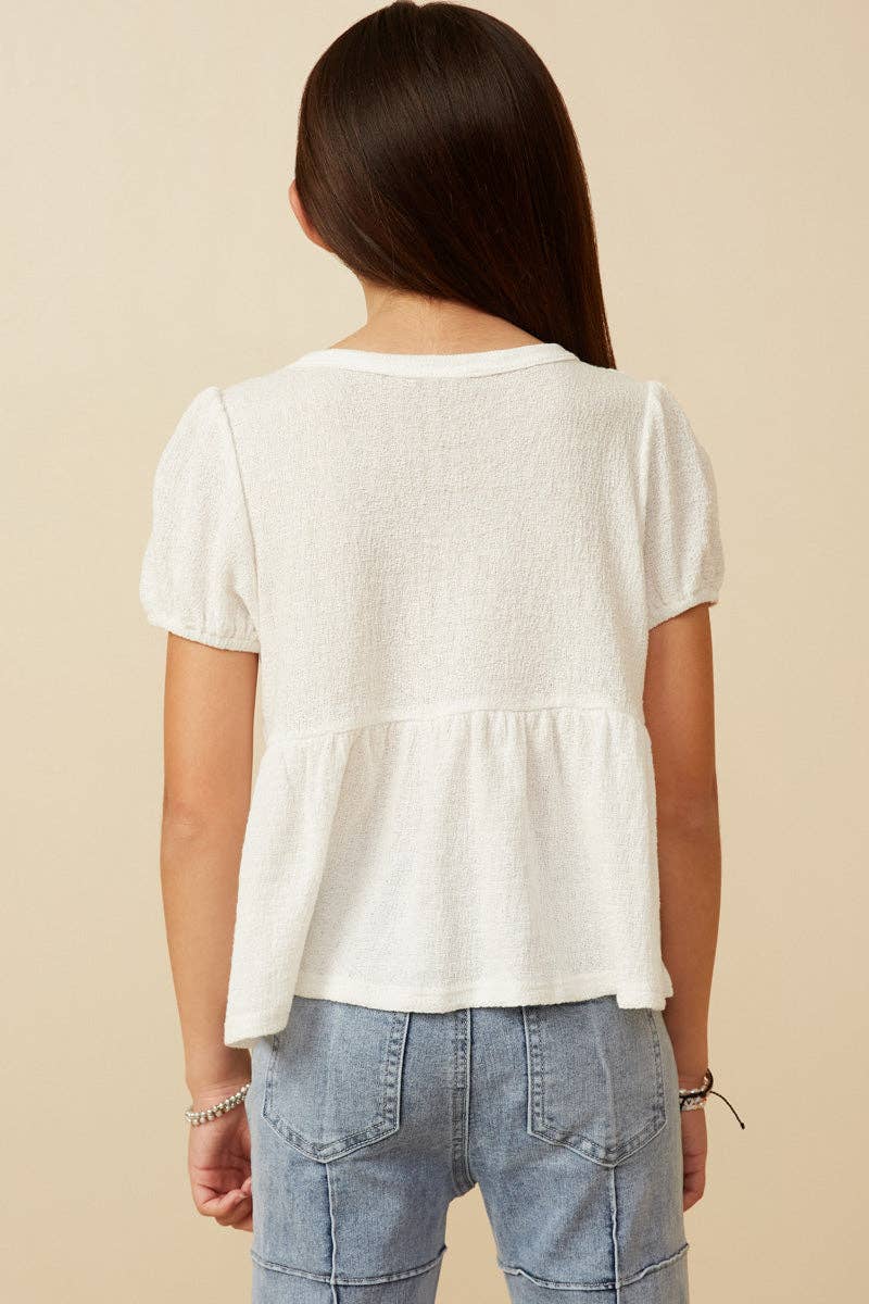 Girls Textured Puff Sleeve Asymmetric Panel Knit Top