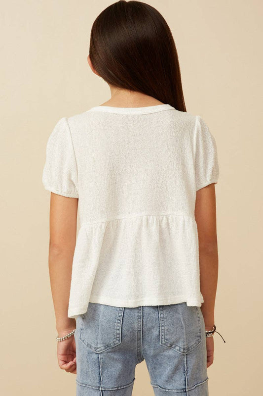 Girls Textured Puff Sleeve Asymmetric Panel Knit Top