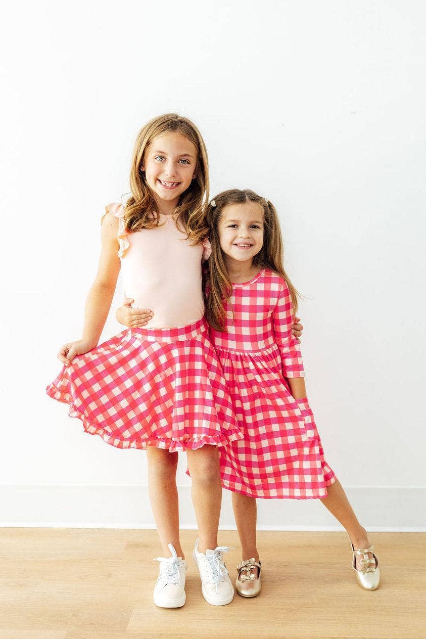 Gingham 3/4 Sleeve Twirl Dress