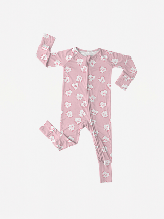 Affirmation Conversation Heart Zippy Pajamas (Pink)