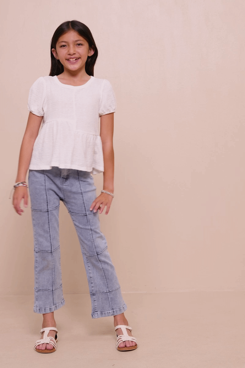 Girls Textured Puff Sleeve Asymmetric Panel Knit Top