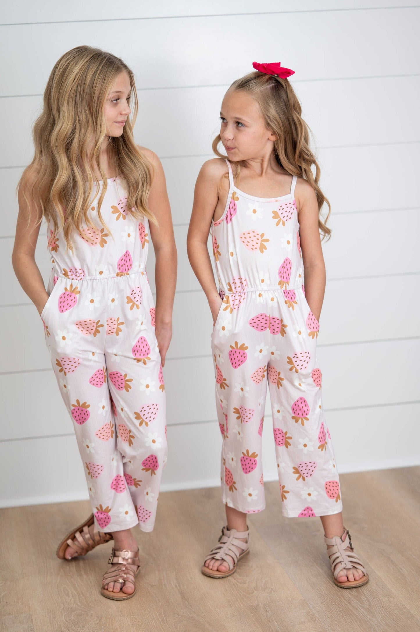 Kids Millie Pink Strawberry Summer Jumpsuit With Pockets