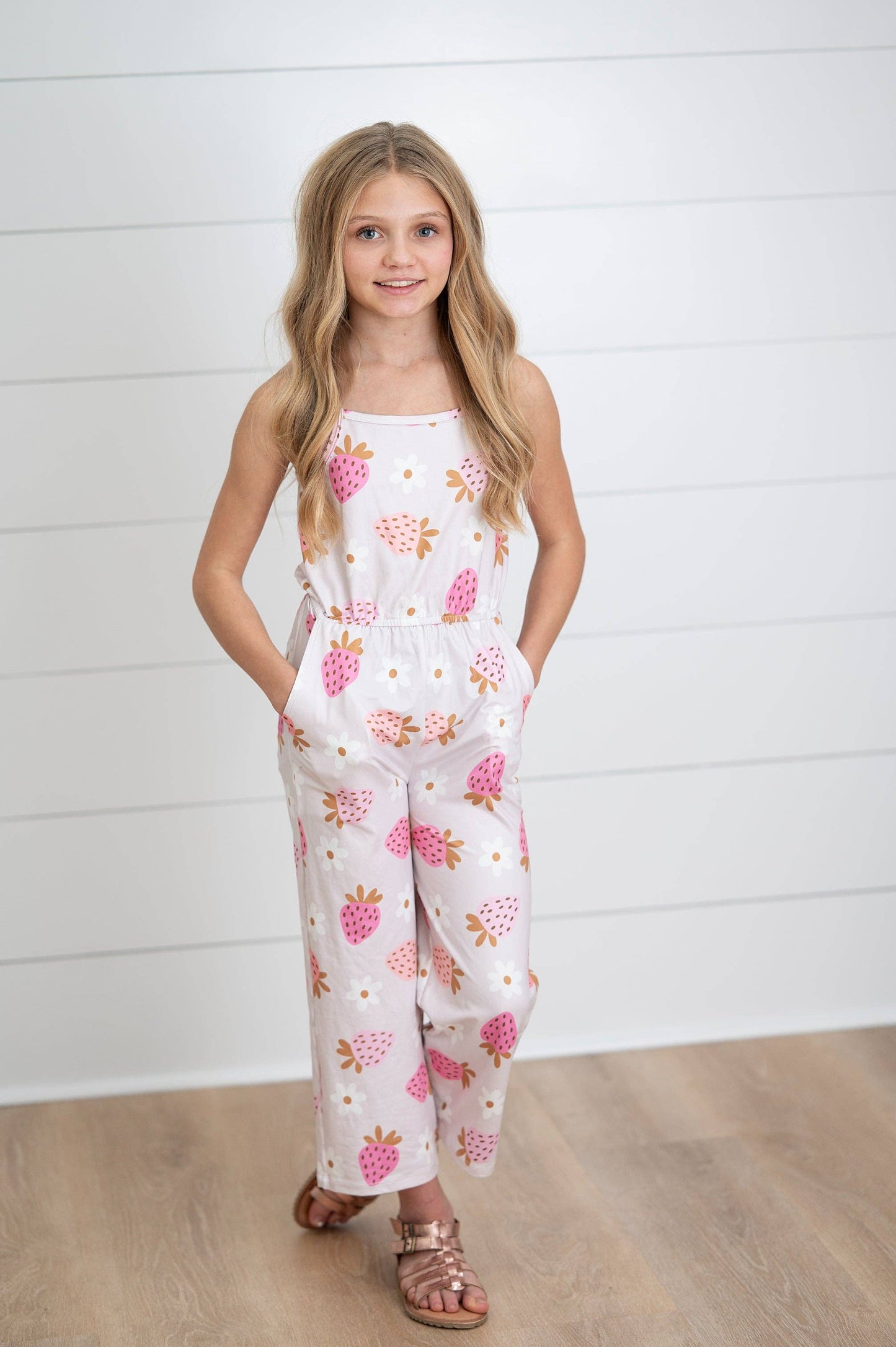 Kids Millie Pink Strawberry Summer Jumpsuit With Pockets