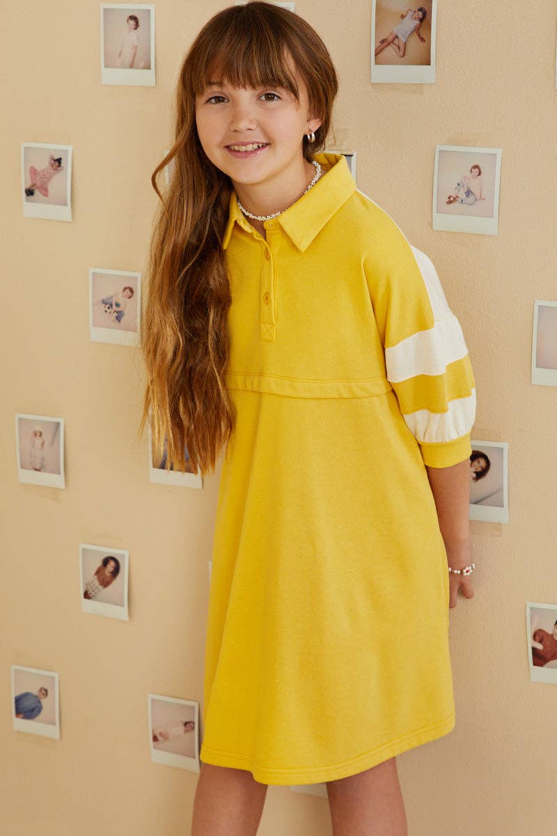 Girls Colorblock Sleeve Collared French Terry Dress