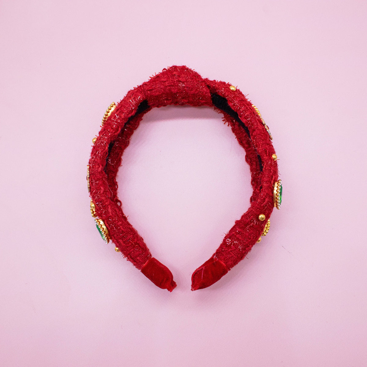 Christmas Knot Headband - Embellished Tweed Rhinestone Pearl