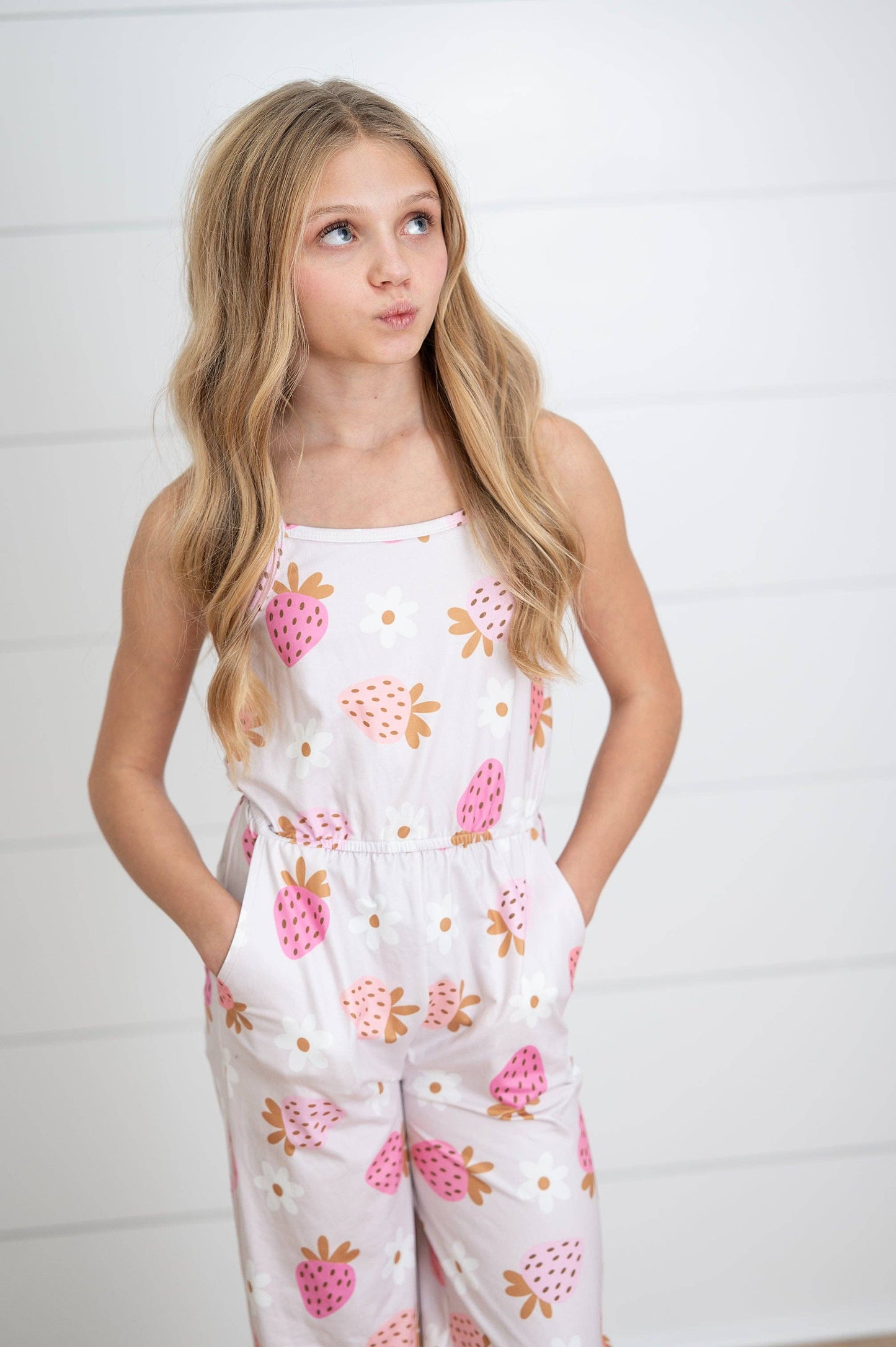 Kids Millie Pink Strawberry Summer Jumpsuit With Pockets