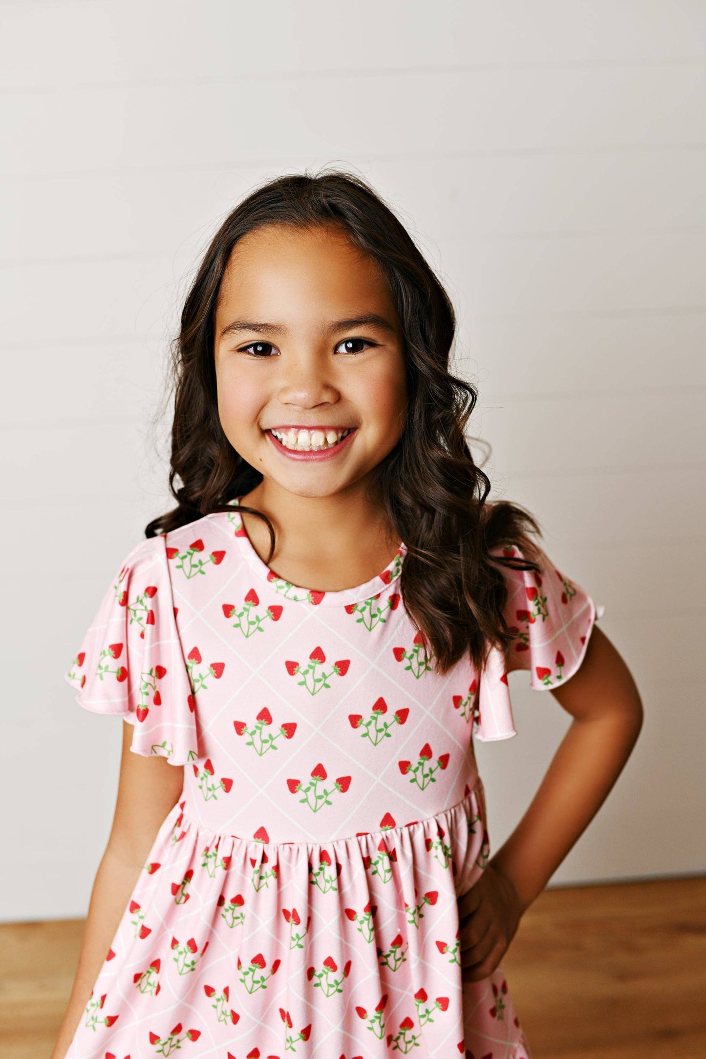 Kids Emmy Pink Strawberry Flutter Sleeve Twirl Spring Dress