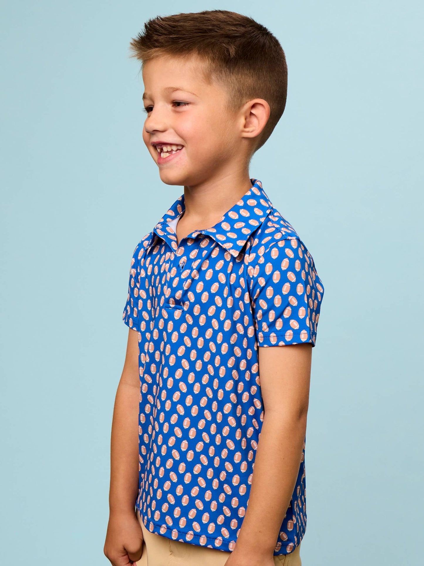 Boys Varsity Blue Football Frenzy Knit Short Sleeve Performance Polo