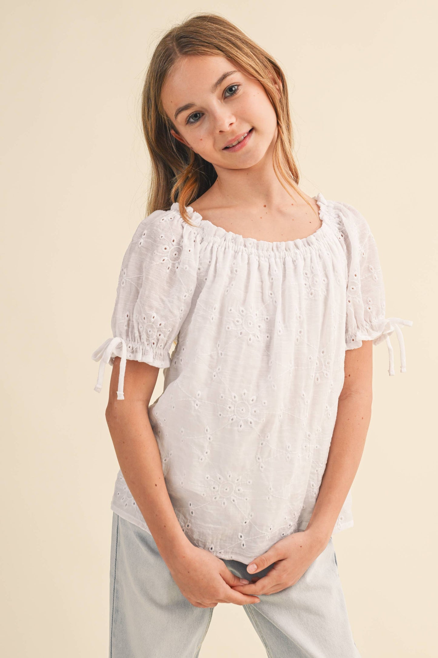 GIRLS PEASANT EYELET TOP