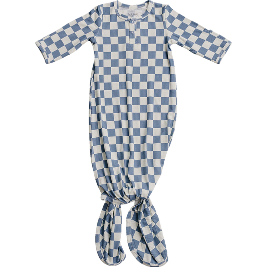 Blue Checkered Ribbed Bamboo Knot Gown