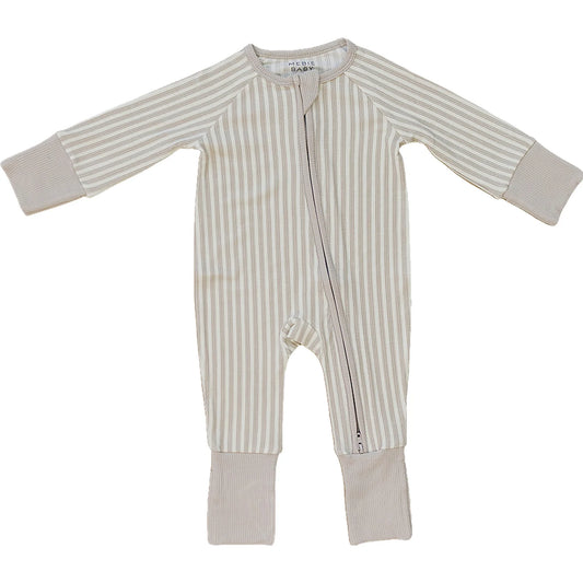 Taupe Stripe Ribbed Bamboo Zipper Pajamas