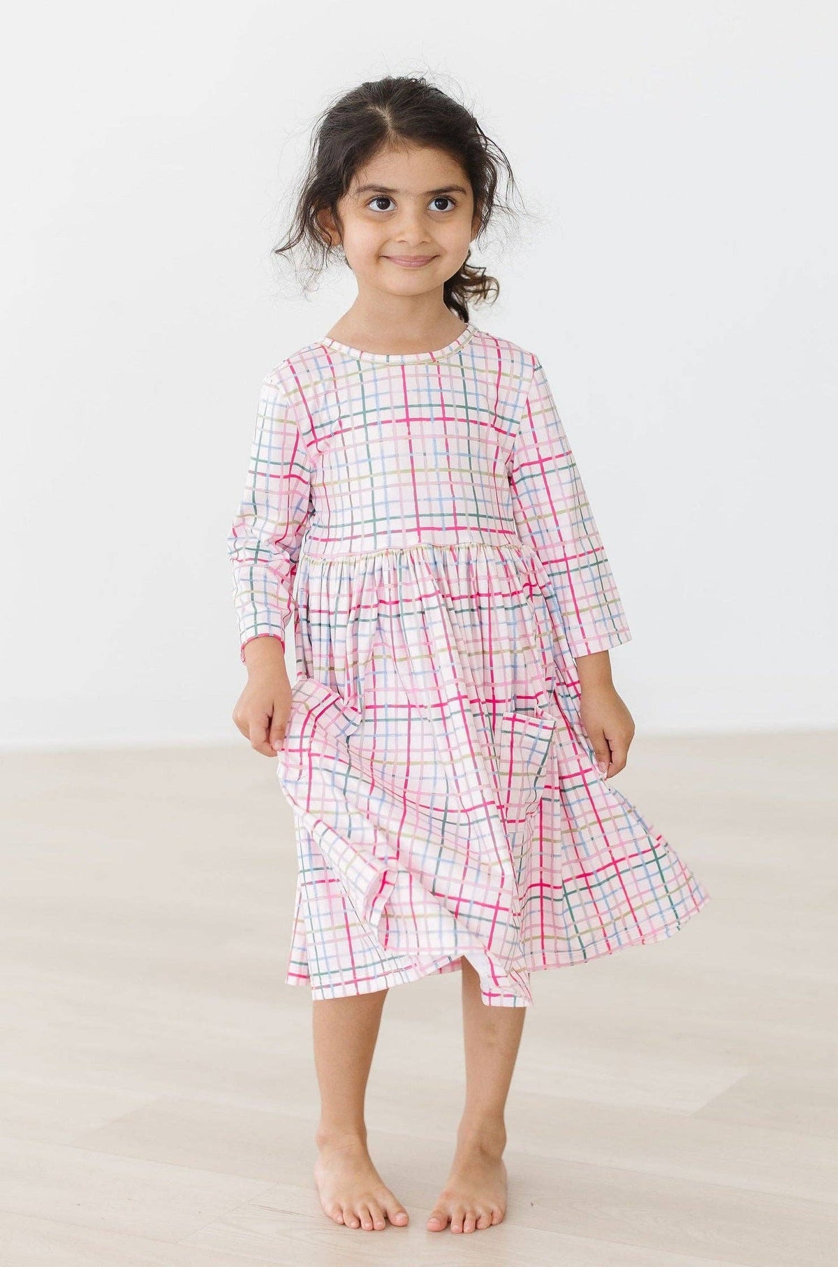 Pink Plaid 3/4 Sleeve Dress