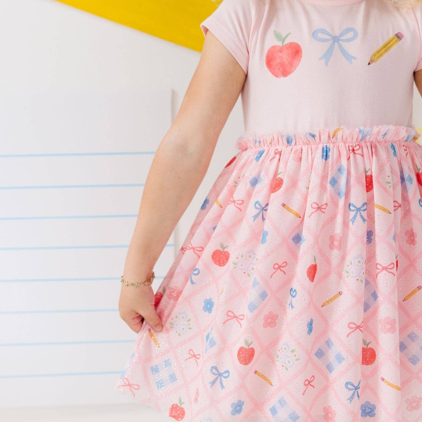 Back To School Trellis Short Sleeve Tutu Dress Kids Clothing