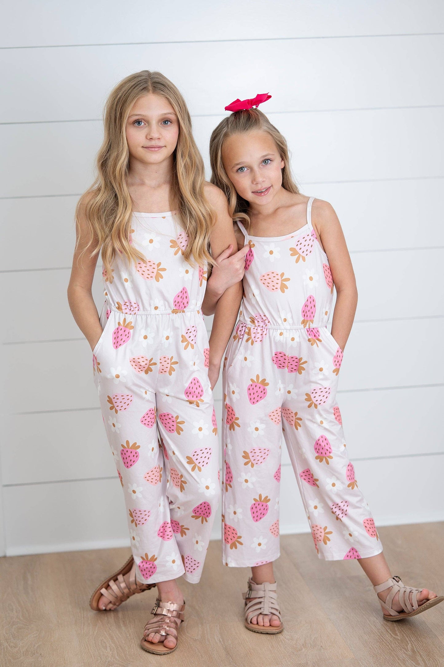 Kids Millie Pink Strawberry Summer Jumpsuit With Pockets