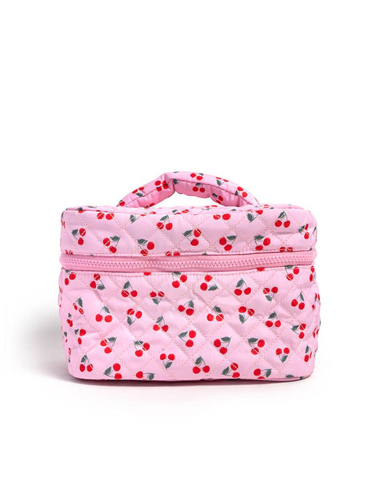 Cosmetic Travel Case / Makeup Bag - Red Cherries - Pink