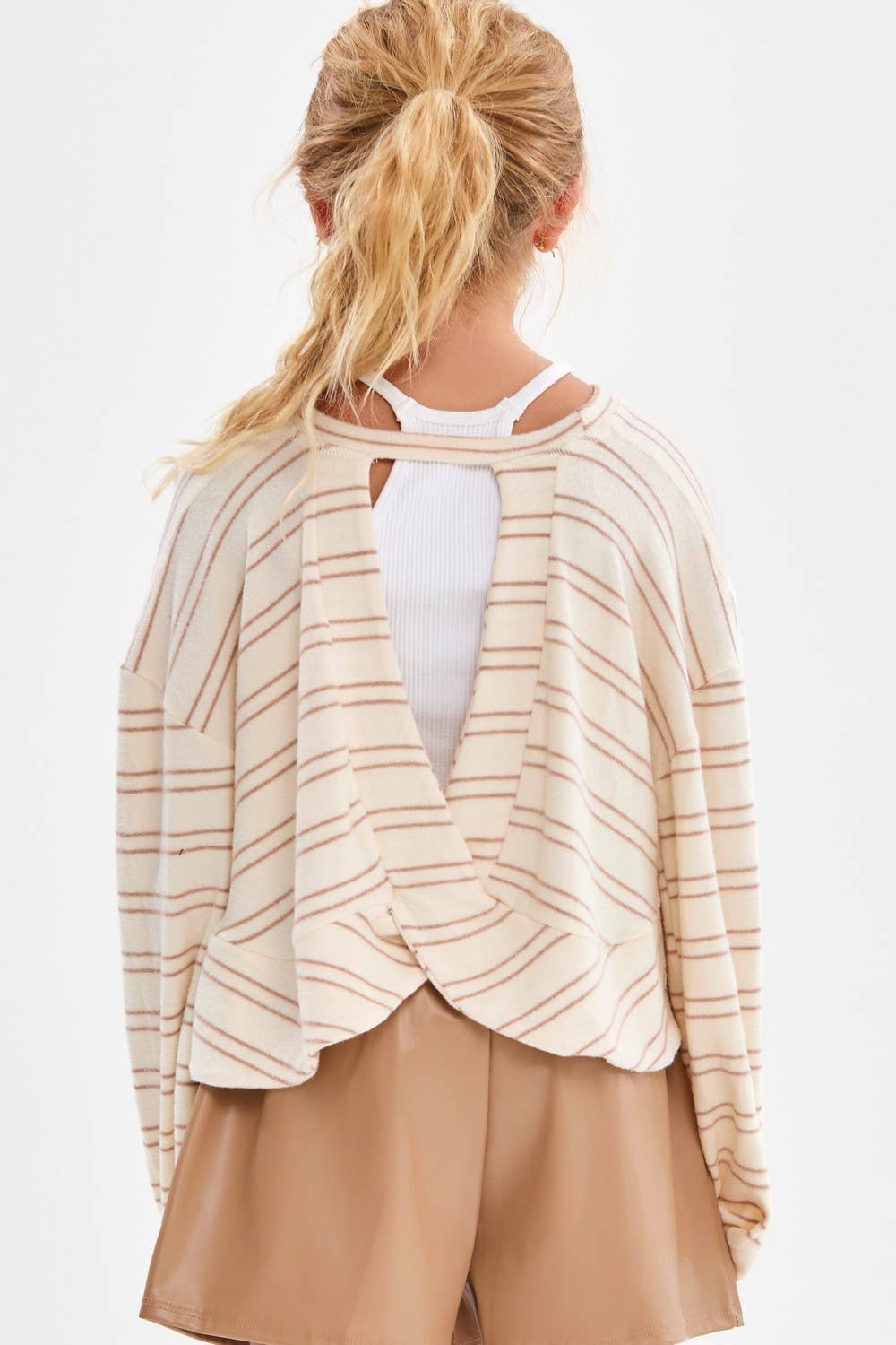 Striped Open Back Brushed Knit Top