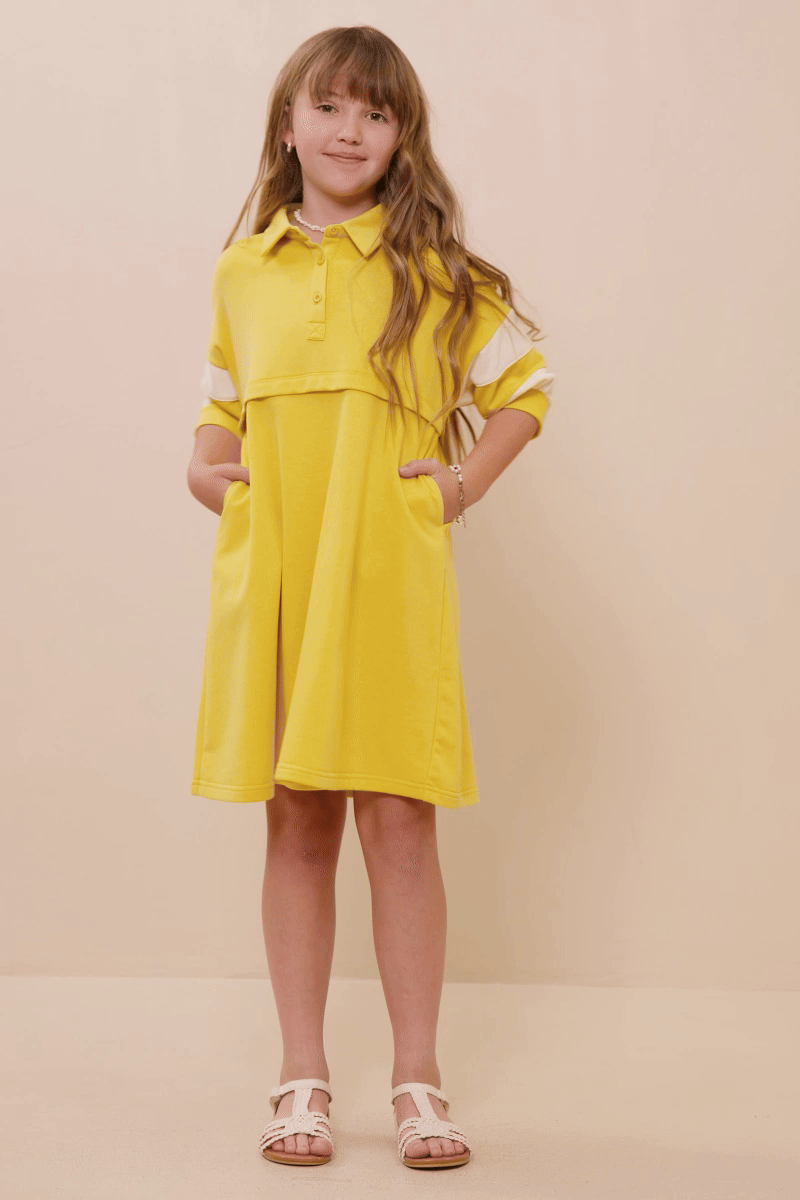 Girls Colorblock Sleeve Collared French Terry Dress