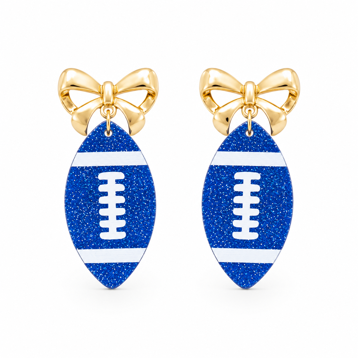 Blue Glitter Football Bow Earrings