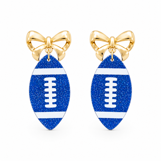 Blue Glitter Football Bow Earrings