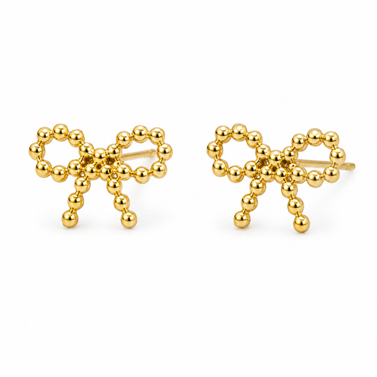 Gold Beaded Bow Stud Earrings