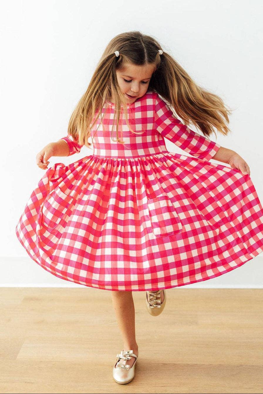 Gingham 3/4 Sleeve Twirl Dress
